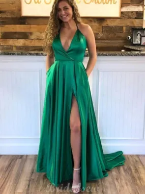 A-line Green Simple Side Slit Fashion Long Prom Dresses PD016